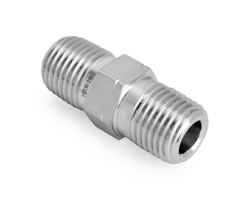 316 SS, FITOK 6 Series Pipe Fitting, Hex Nipple, 1/4 Male NPT × 1/4 Male ISO Tapered Thread(RT)